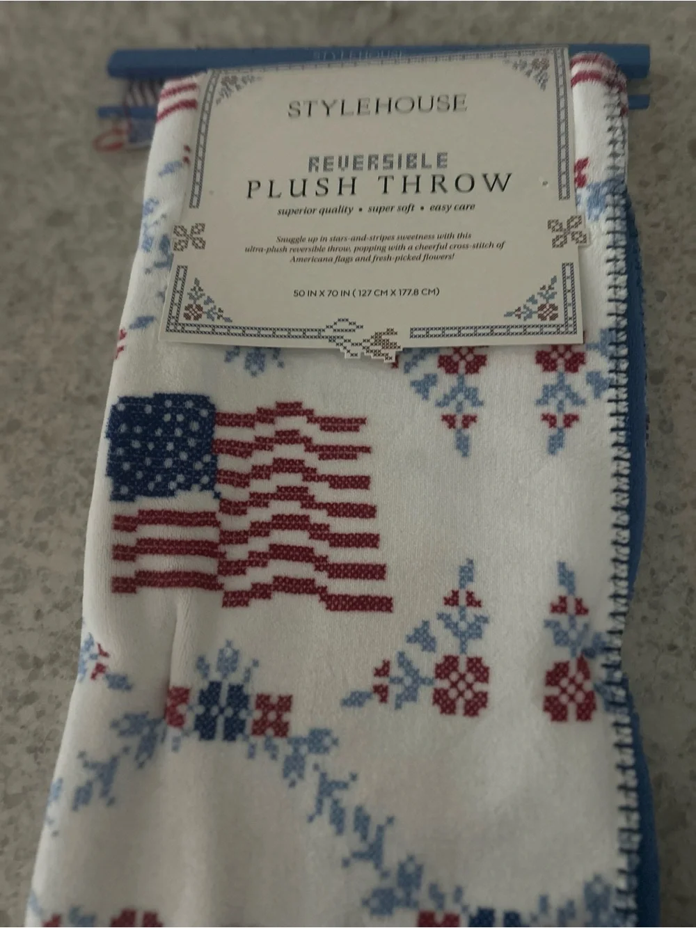 “New” STYLEHOUSE Reversible Plush Throw Blanket - Patriotic Red, White & Blue